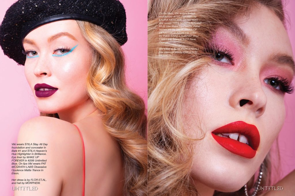CANDY CRUSH - Photography by Fabio Paparelli for The Untitled Magazine. Right:On skin, Viki wears tinted moisturizer #1W1 Porcelain by LAURA MERCIER. On her eyes she wears YVES SAINT LAURANT Multi Use Make Up Palette. False lashes are by DARK SWAN OF DENMARK in Adore. Lip color by YVES SAINT LAURANT Vinyl Cream Lip Stain in #414 Rave Orange.Top by NORMA KAMALI and earrings by ERICKSON BEAMON.