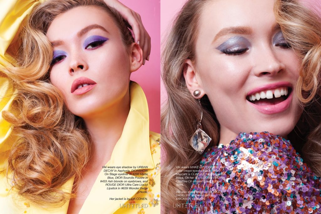 CANDY CRUSH - Photography by Fabio Paparelli for The Untitled Magazine. Left: Viki wears eye shadow by URBAN DECAY in Asphyxia, DIORSHOW On Stage eyeliner in #296 Matte Blue, DIOR Sourcils Poudre in #433 Ash blonde on eyebrows, and ROUGE DIOR Ultra Care Liquid Lipstick in #639 Wonder Beige Nude. Jacket by LIA COHEN. Right: Viki wears MAKE UP FOREVER flash color cream eyeshadow in Silver. Mascara is CLINIQUE High Impact in Black. On her lips is BOBBI BROWN Crushed Oil Infused Gloss in Free Spirit. Dress by MONIQUE LHUILLER, and earrings by ERICKSON BEAMON.